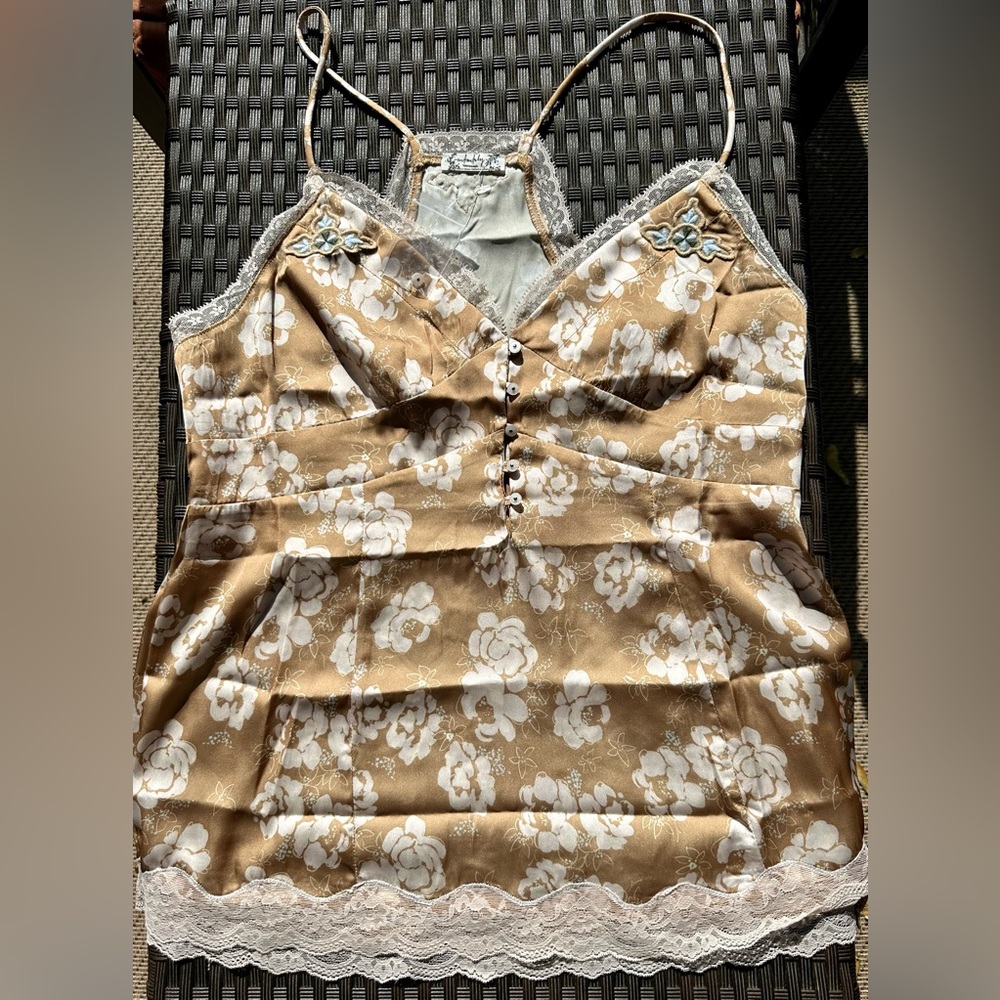 NWT Free People Intimately Satin Lace Trimmed Flower Pattern Gold Top Size Small